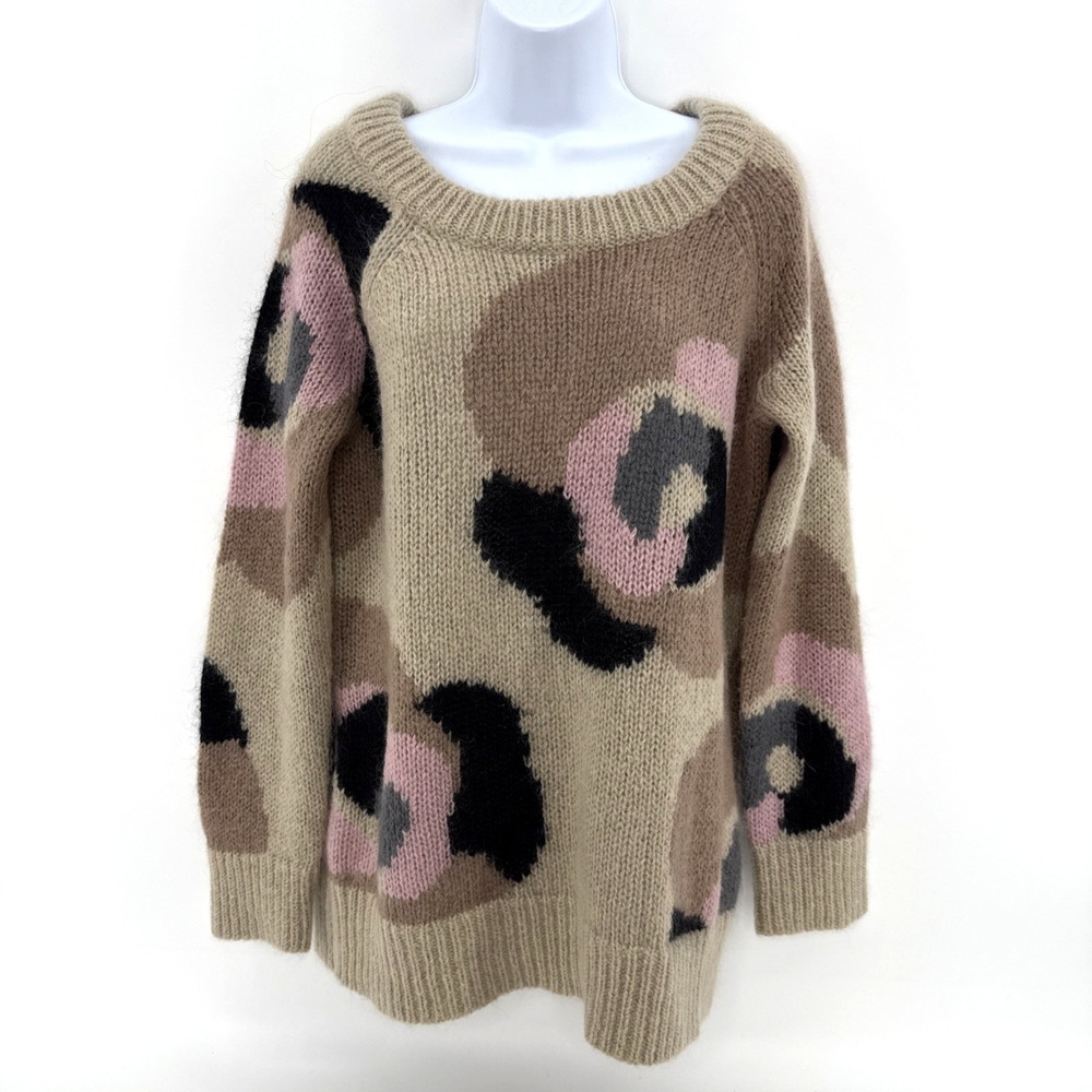 Kate Spade New York Women's M Wool Mohair Rose Intarsia Sweater Tan‎ Pink Gray